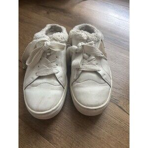 Kate Spade Fez Mule Faux Fur Wht Large Logo Leather Slip On Shoes Women- SZ 8.5